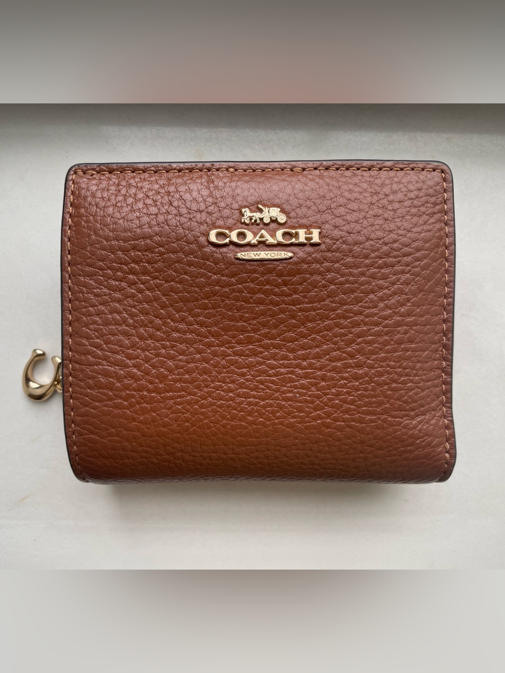 Coach Brown Pebbled Leather Snap Wallet with Gold Logo Charm